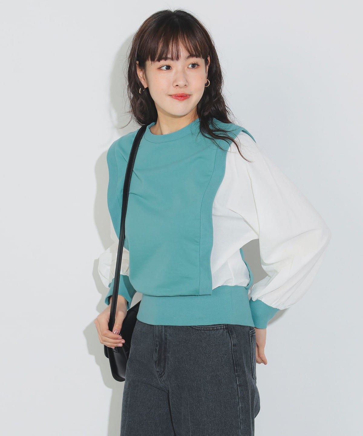 ふんわり袖 異素材切替 プルオーバー Tシャツ・カットソー WOMEN MINT ONE SIZE ふんわり袖 異素材切替 プルオーバー Tシャツ・カットソー WOMEN MINT ONE SIZE