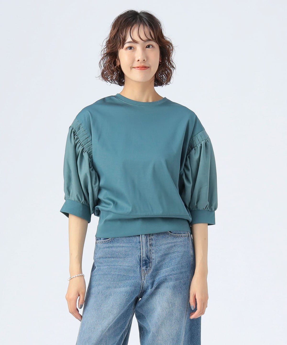 ピンタックスリーブ 異素材プルオーバー Tシャツ・カットソー WOMEN BLUE GREEN ONE SIZE ピンタックスリーブ 異素材プルオーバー Tシャツ・カットソー WOMEN BLUE GREEN ONE SIZE