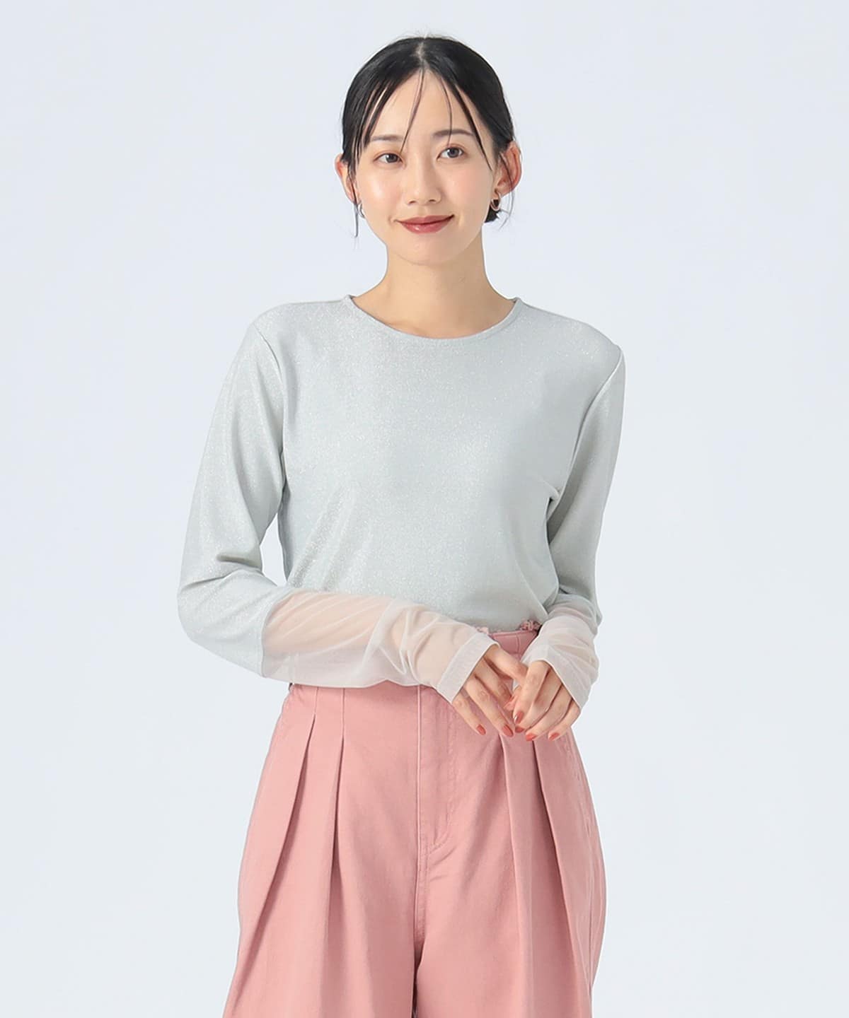 チュールドッキング ラメ ロングスリーブ Tシャツ・カットソー WOMEN SILVER ONE SIZE チュールドッキング ラメ ロングスリーブ Tシャツ・カットソー WOMEN SILVER ONE SIZE