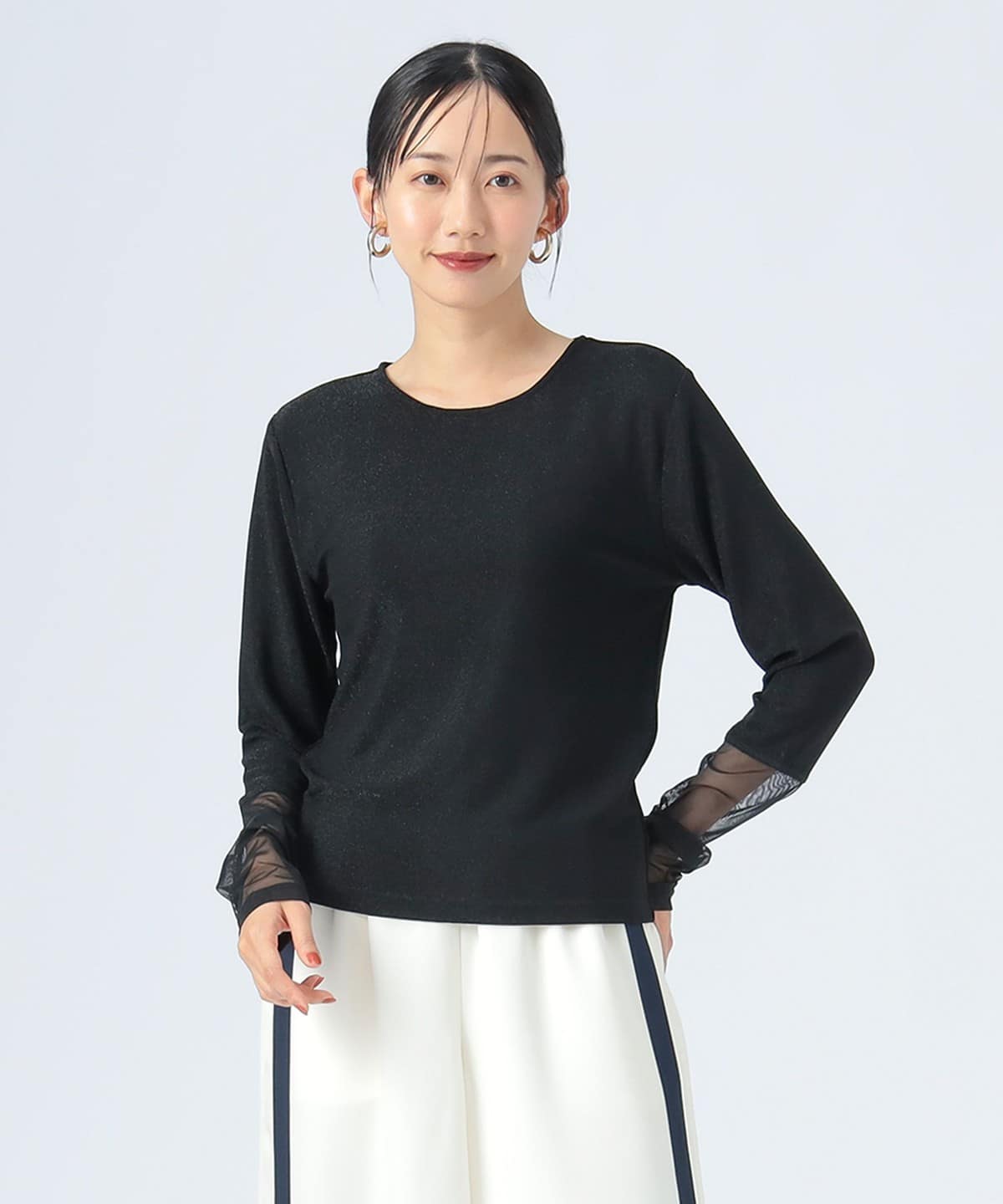 チュールドッキング ラメ ロングスリーブ Tシャツ・カットソー WOMEN BLACK ONE SIZE チュールドッキング ラメ ロングスリーブ Tシャツ・カットソー WOMEN BLACK ONE SIZE