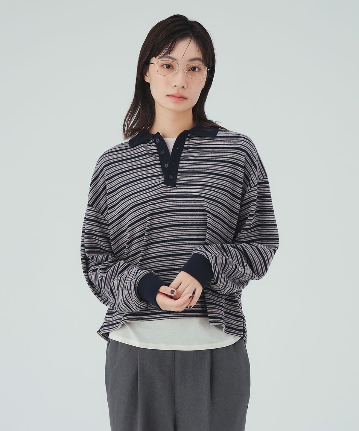 BEAMS 長袖ポロシャツ ボーダー柄 グリーン ブラック BEAMS HEART（ビームス ハート）起毛 ボーダー ポロシャツ（トップス