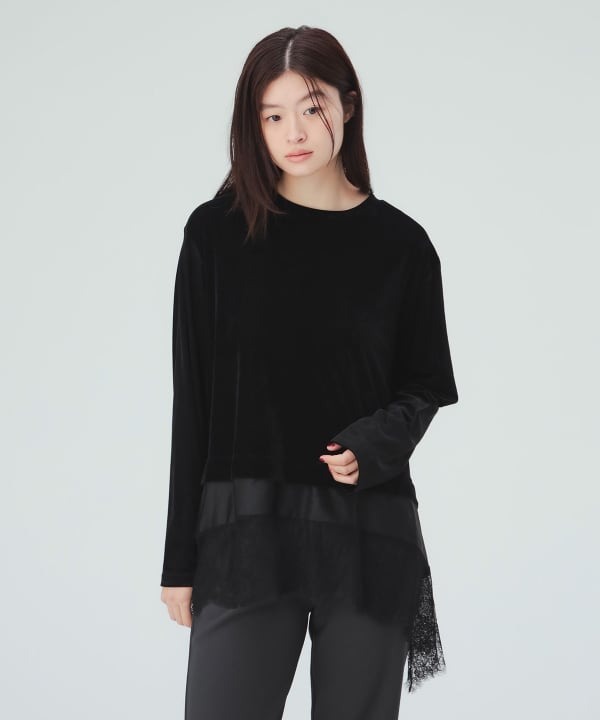 レース付き メッシュ ベロア Tシャツ レースとメッシュベロアの組み合わせがトレンド感を演出 [H：171cm]