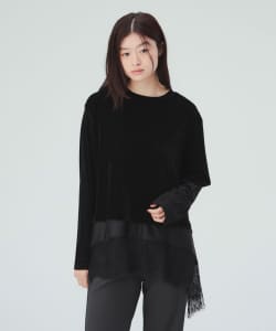 レース付き メッシュ ベロア Tシャツ