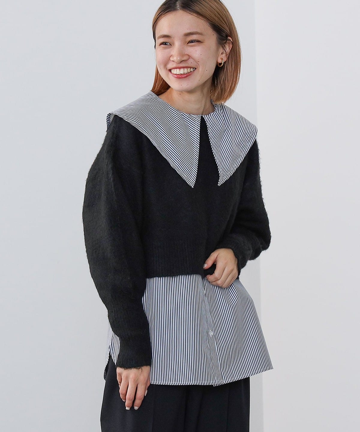 ビッグカラーシャツセット ニットプルオーバー トップス WOMEN BLACK×STIRIPE ONE SIZE ビッグカラーシャツセット ニットプルオーバー トップス WOMEN BLACK×STIRIPE ONE SIZE