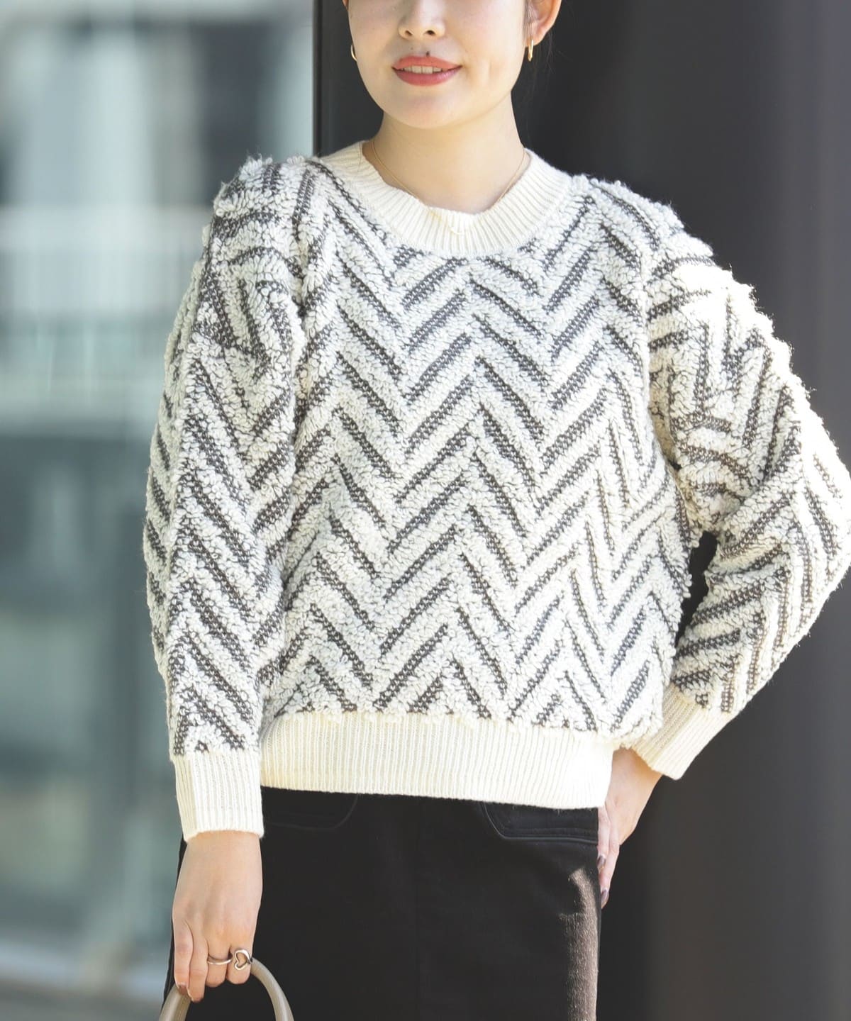 ヘリンボーン ニットプルオーバー(手洗い可能) トップス WOMEN IVORY ONE SIZE ヘリンボーン ニットプルオーバー(手洗い可能) トップス WOMEN IVORY ONE SIZE