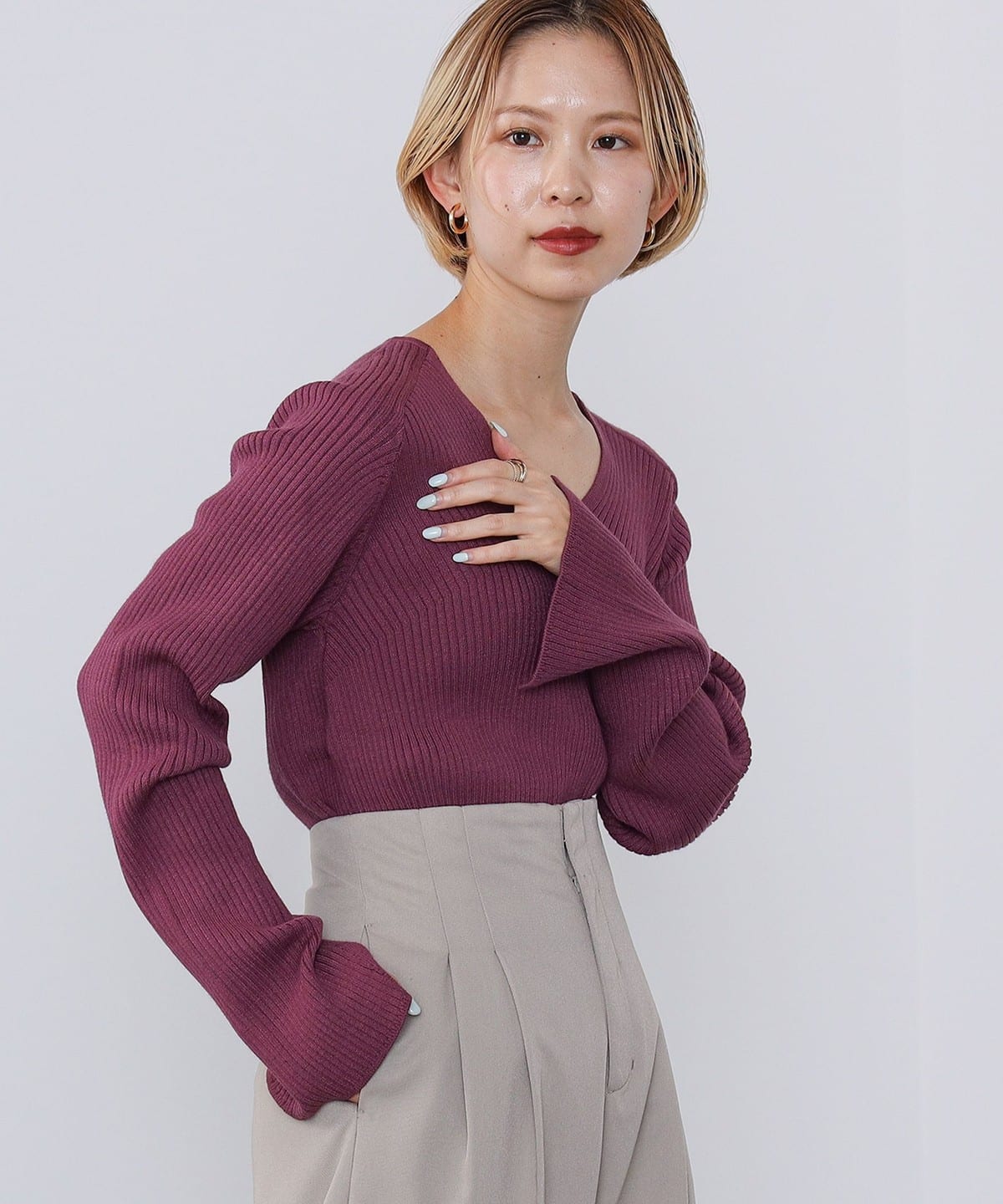 Vネックリブ編み ニットプルオーバー トップス WOMEN BURGUNDY ONE SIZE Vネックリブ編み ニットプルオーバー トップス WOMEN BURGUNDY ONE SIZE