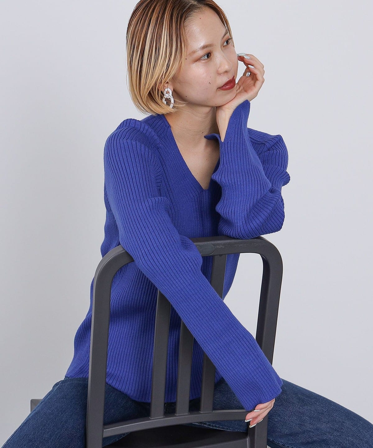 Vネックリブ編み ニットプルオーバー トップス WOMEN BLUE ONE SIZE Vネックリブ編み ニットプルオーバー トップス WOMEN BLUE ONE SIZE