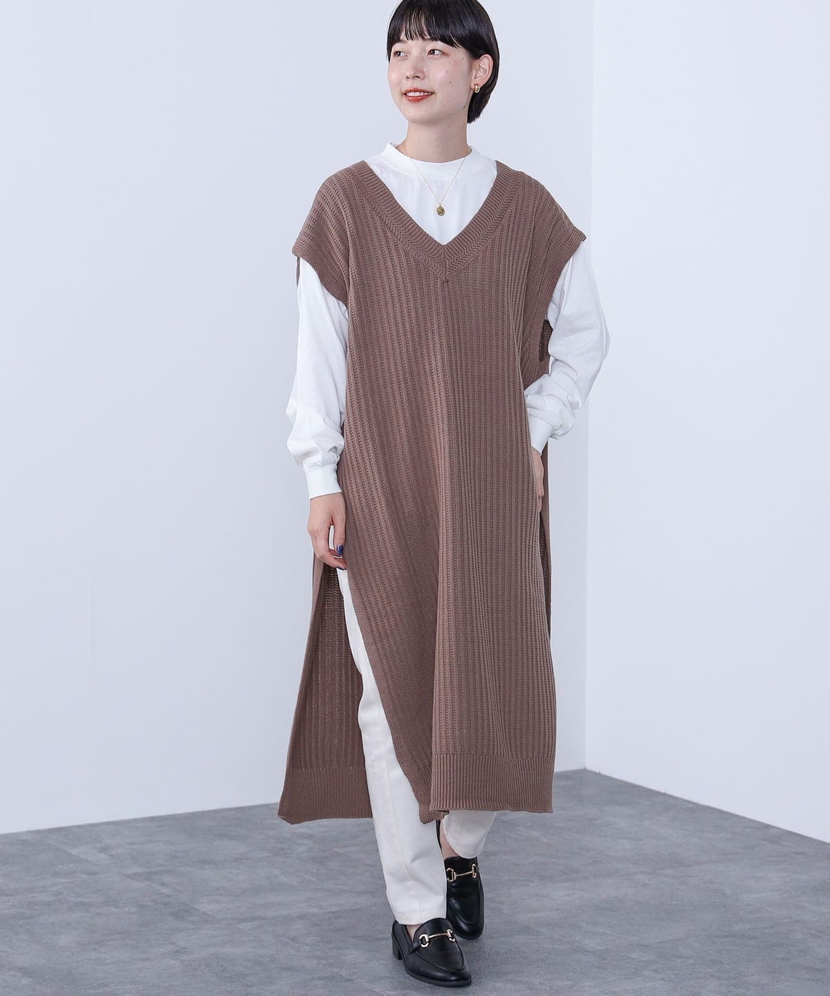 ロングTシャツ × ニットベスト セット(手洗い可能) トップス WOMEN MOCHA ONE SIZE ロングTシャツ × ニットベスト セット(手洗い可能) トップス WOMEN MOCHA ONE SIZE