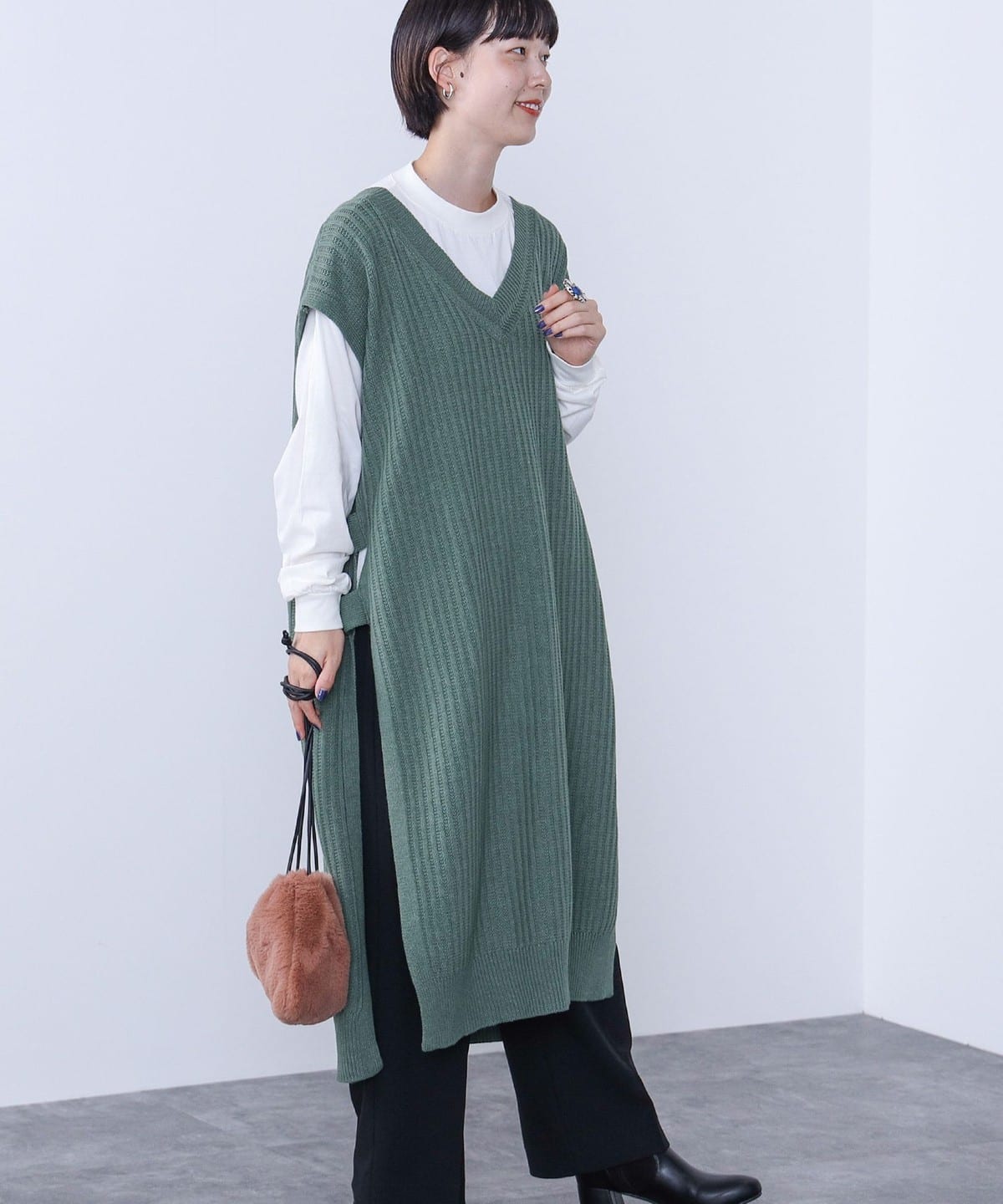 ロングTシャツ × ニットベスト セット(手洗い可能) トップス WOMEN GREYISH GREEN ONE SIZE ロングTシャツ × ニットベスト セット(手洗い可能) トップス WOMEN GREYISH GREEN ONE SIZE