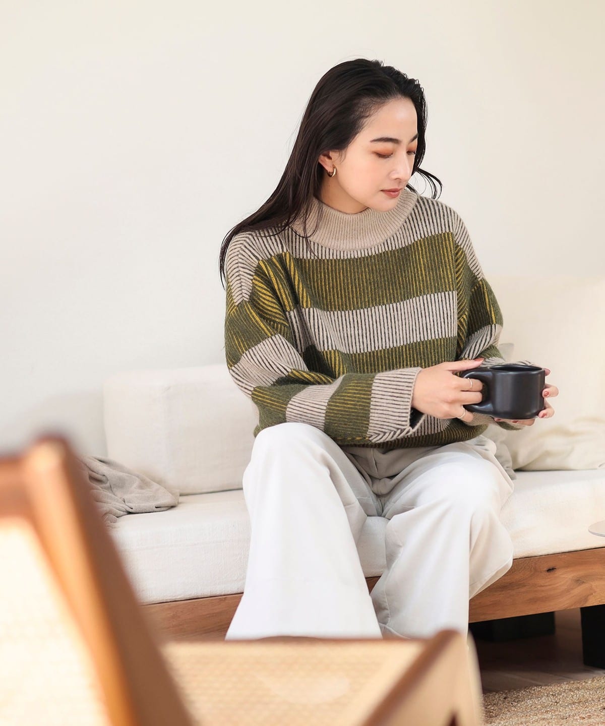 配色ボーダー ニット(洗濯機可能) トップス WOMEN BEIGE ONE SIZE 配色ボーダー ニット(洗濯機可能) トップス WOMEN BEIGE ONE SIZE