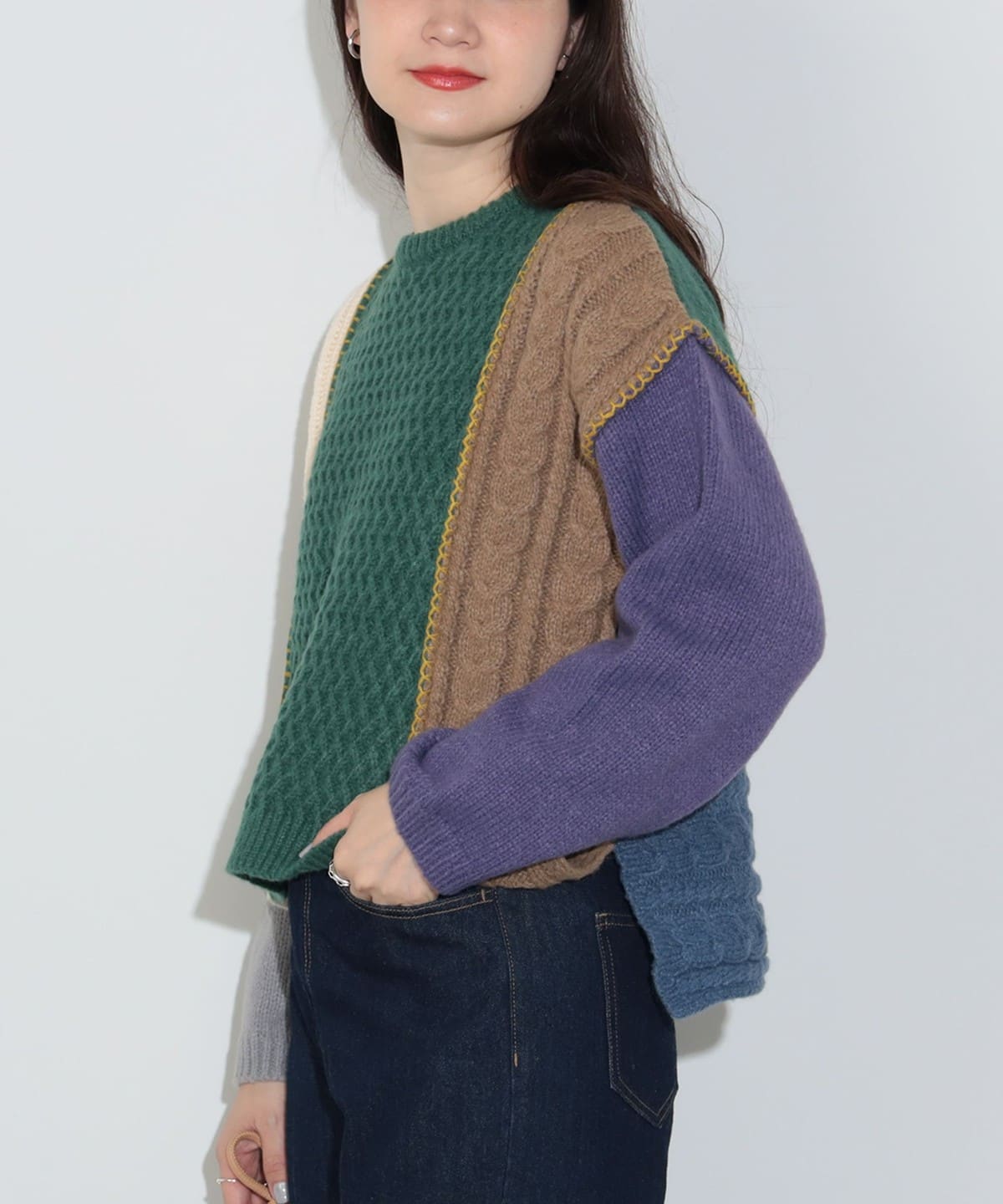 パッチワーク配色 プルオーバーニット(手洗い可能) トップス WOMEN GREEN ONE SIZE パッチワーク配色 プルオーバーニット(手洗い可能) トップス WOMEN GREEN ONE SIZE