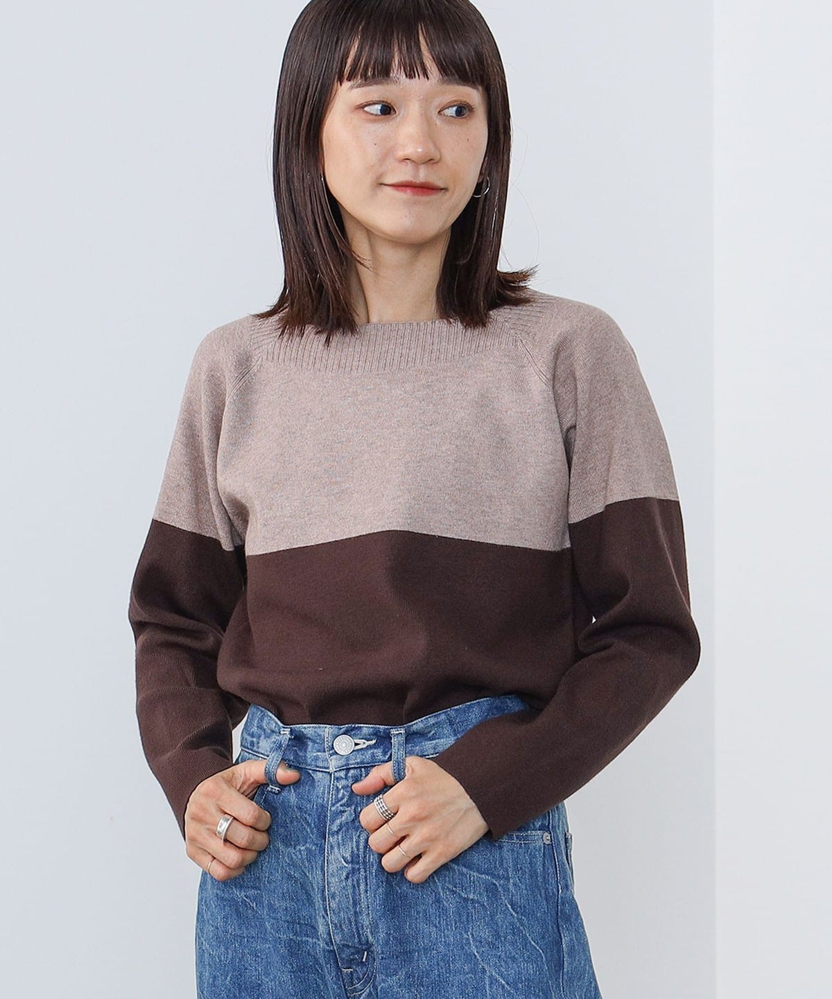 バイカラー 総針 ニットプルオーバー トップス WOMEN BEIGE ONE SIZE バイカラー 総針 ニットプルオーバー トップス WOMEN BEIGE ONE SIZE