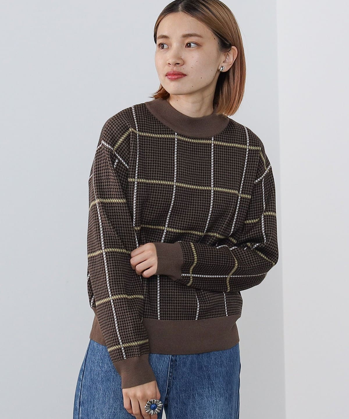 ハイネックチェック ニットプルオーバー トップス WOMEN MOCHA ONE SIZE ハイネックチェック ニットプルオーバー トップス WOMEN MOCHA ONE SIZE