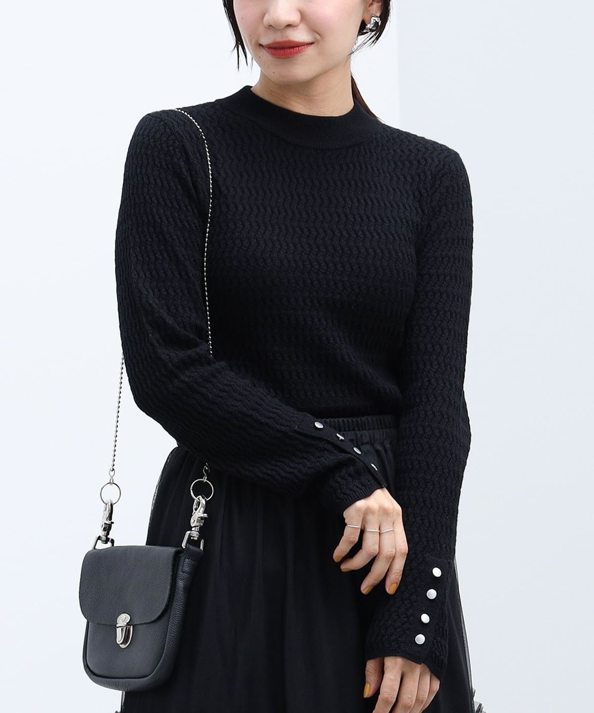変形袖ボタン リブニットプルオーバー トップス WOMEN BLACK ONE SIZE 変形袖ボタン リブニットプルオーバー トップス WOMEN BLACK ONE SIZE