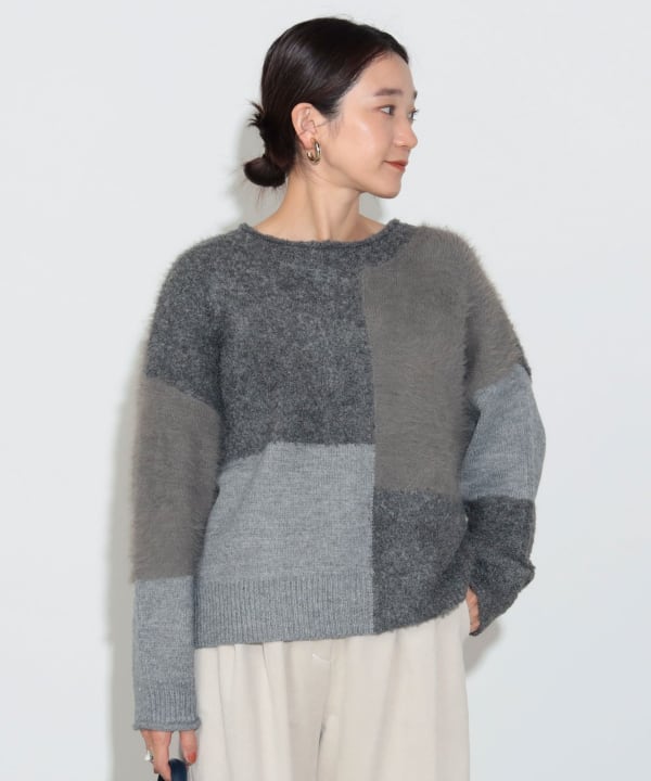 美品 ビアズリー 異素材 パッチワーク ニット プルオーバー F
