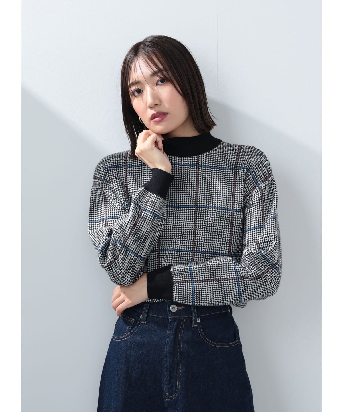 ハイネック チェックニット プルオーバー(手洗い可能) トップス WOMEN BLACK ONE SIZE ハイネック チェックニット プルオーバー(手洗い可能) トップス WOMEN BLACK ONE SIZE