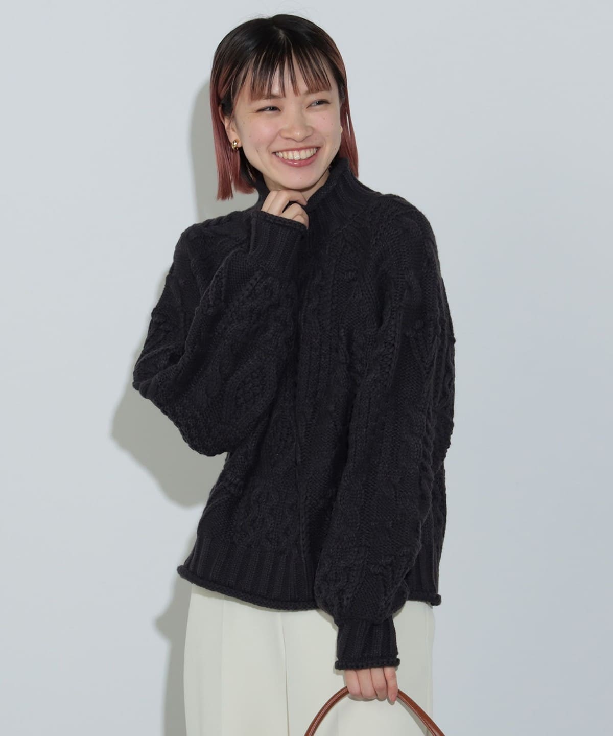 パッチワーク編み ハイネックニット トップス WOMEN DARK GREY ONE SIZE パッチワーク編み ハイネックニット トップス WOMEN DARK GREY ONE SIZE