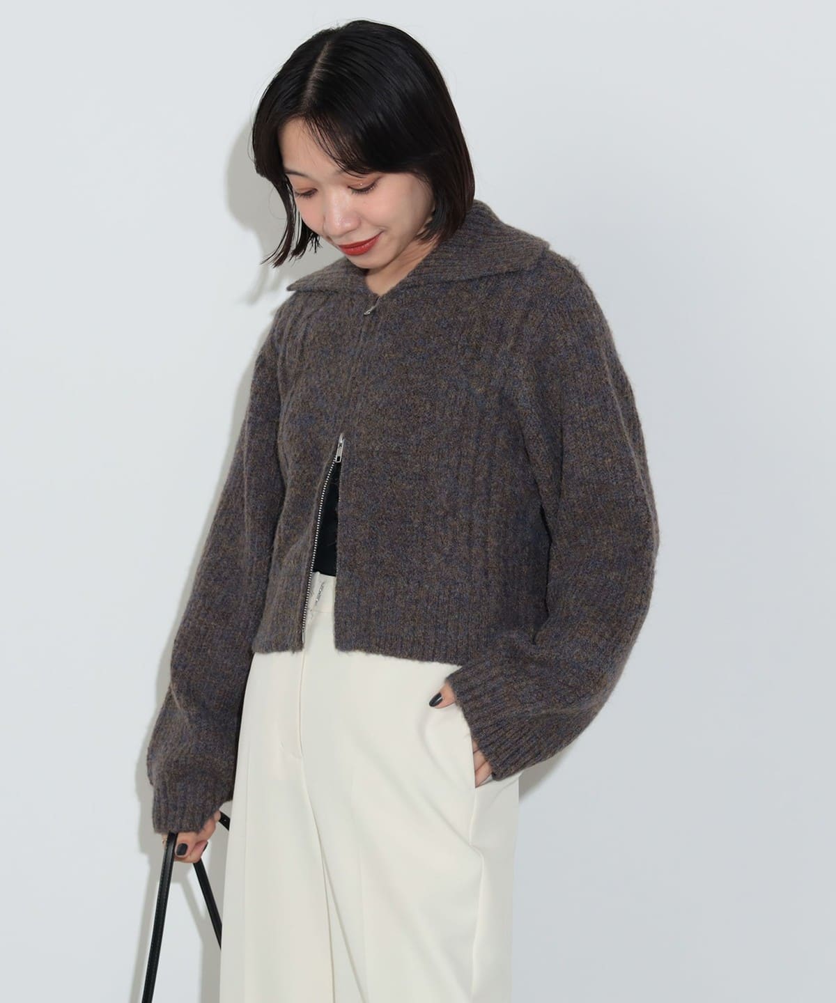 ビッグカラー ダブルジップニット(手洗い可能) トップス WOMEN BROWN ONE SIZE ビッグカラー ダブルジップニット(手洗い可能) トップス WOMEN BROWN ONE SIZE