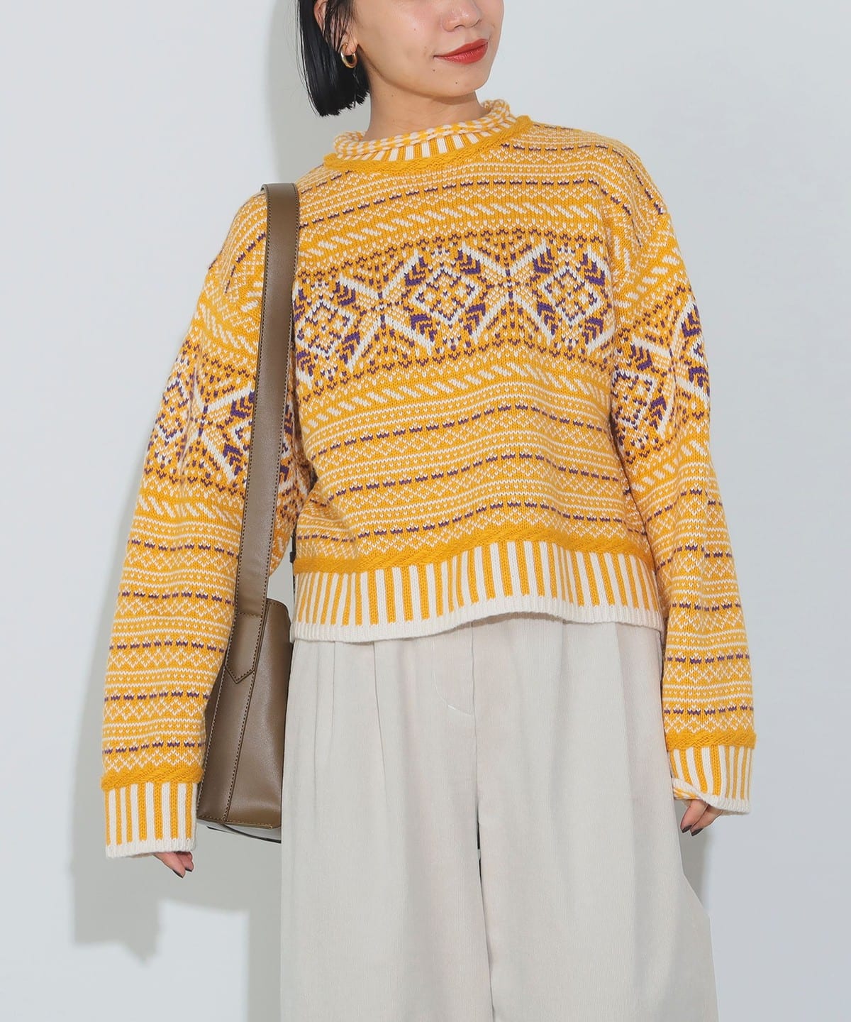 ヴィンテージ風 ジャカード ニット(手洗い可能) トップス WOMEN YELLOW ONE SIZE ヴィンテージ風 ジャカード ニット(手洗い可能) トップス WOMEN YELLOW ONE SIZE