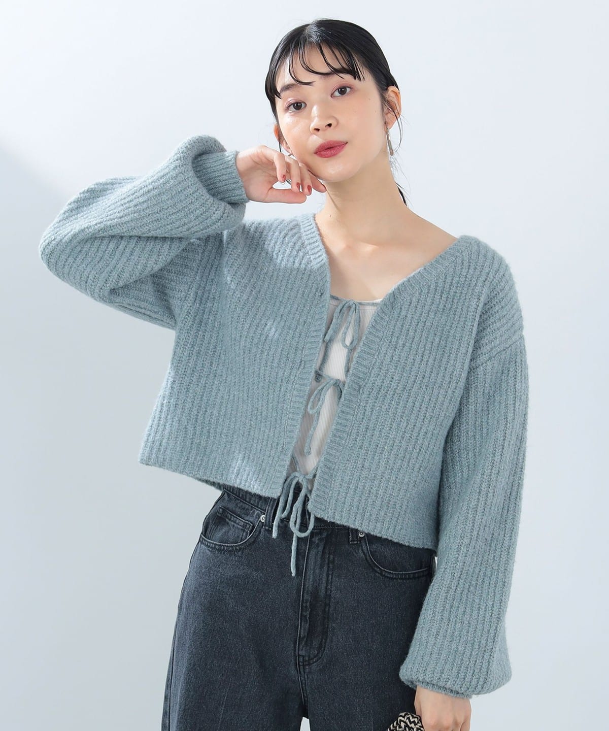 【7/3再値下げ】クロップド リボン カーディガン(手洗い可能) トップス WOMEN GREYISH BLUE ONE SIZE 【7/3再値下げ】クロップド リボン カーディガン(手洗い可能) トップス WOMEN GREYISH BLUE ONE SIZE