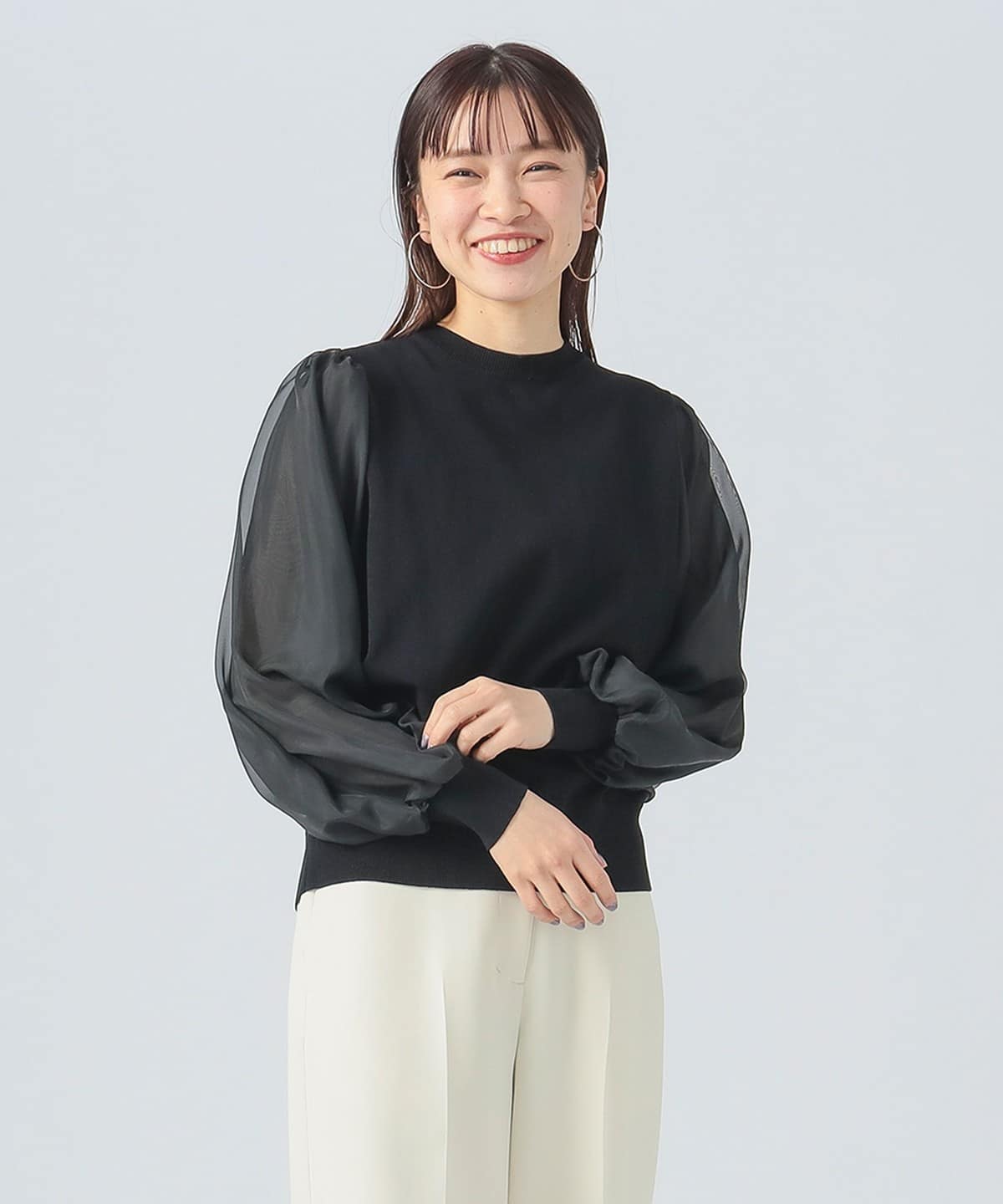 袖オーガンジー プルオーバー ニット トップス WOMEN BLACK ONE SIZE 袖オーガンジー プルオーバー ニット トップス WOMEN BLACK ONE SIZE