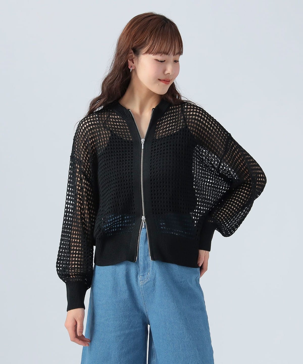 ジップ メッシュニット カーディガン トップス WOMEN BLACK ONE SIZE ジップ メッシュニット カーディガン トップス WOMEN BLACK ONE SIZE