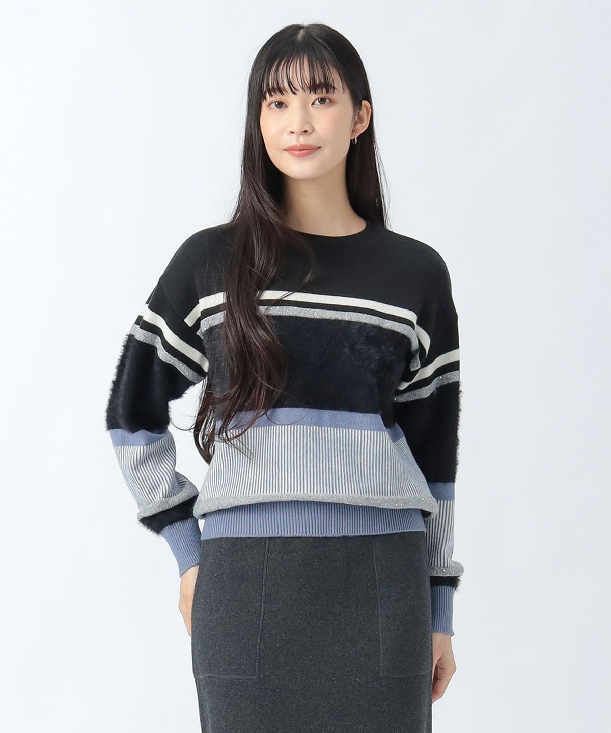 立体 ボーダー ニット トップス WOMEN BLACK ONE SIZE