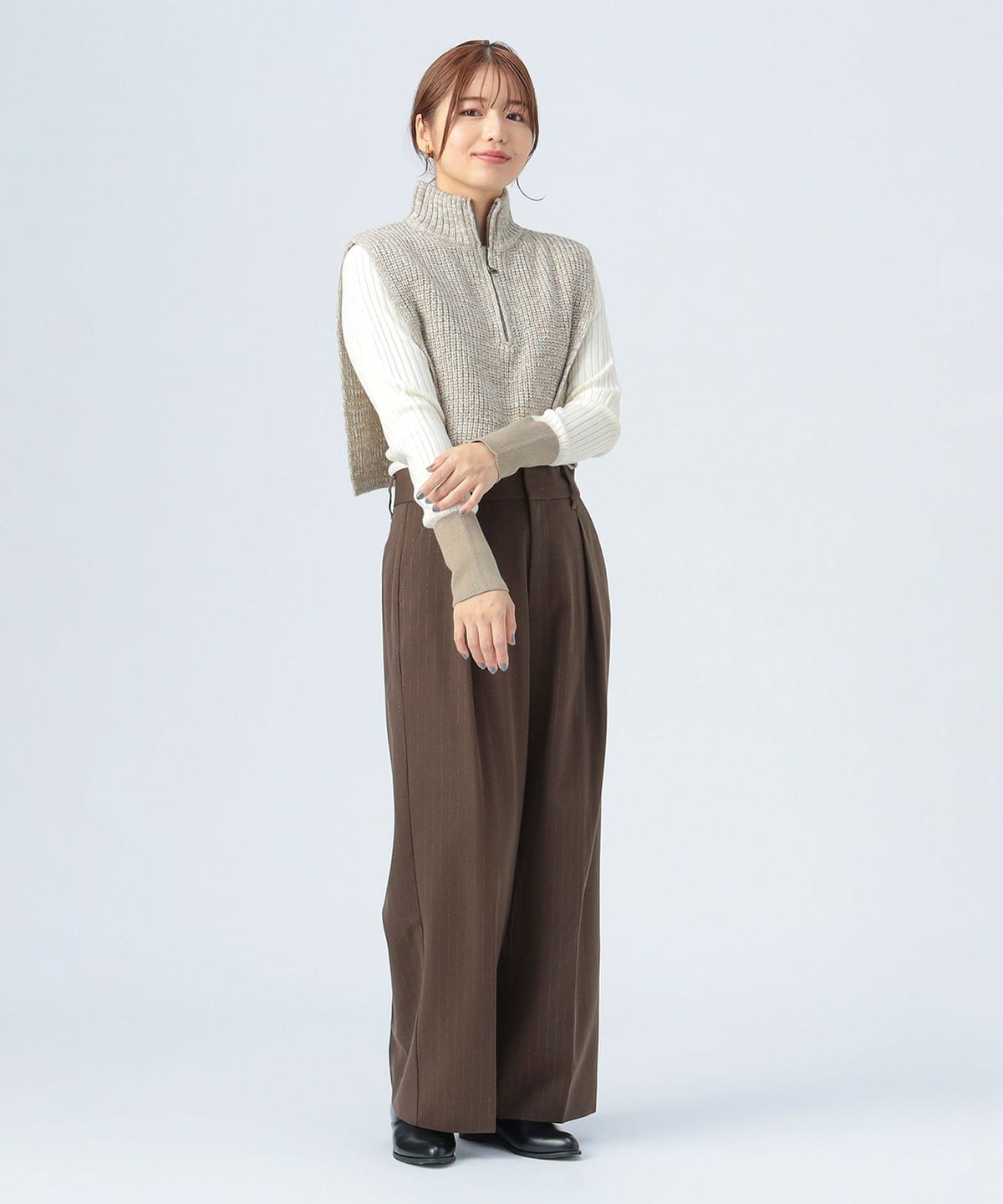 BEAMS ブラウン ジッパー付きセーター M BEAMS HEART（ビームス ハート）ハーフジップ 片畦 ニット