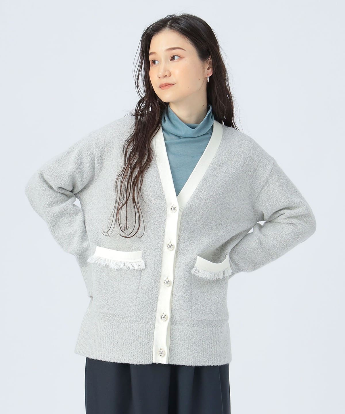 配色 フリンジポケット カーディガン トップス WOMEN GREY ONE SIZE 配色 フリンジポケット カーディガン トップス WOMEN GREY ONE SIZE
