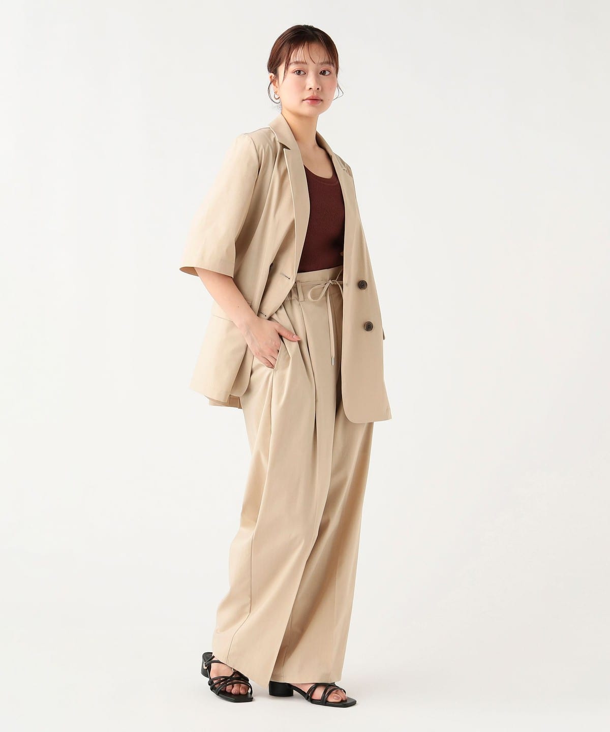 美品！BEAMS HEART　スーツセットアップ　L　ベージュ　イージーパンツ BEAMS HEART（ビームス ハート）ヘザー ドライ ハーフスリーブ