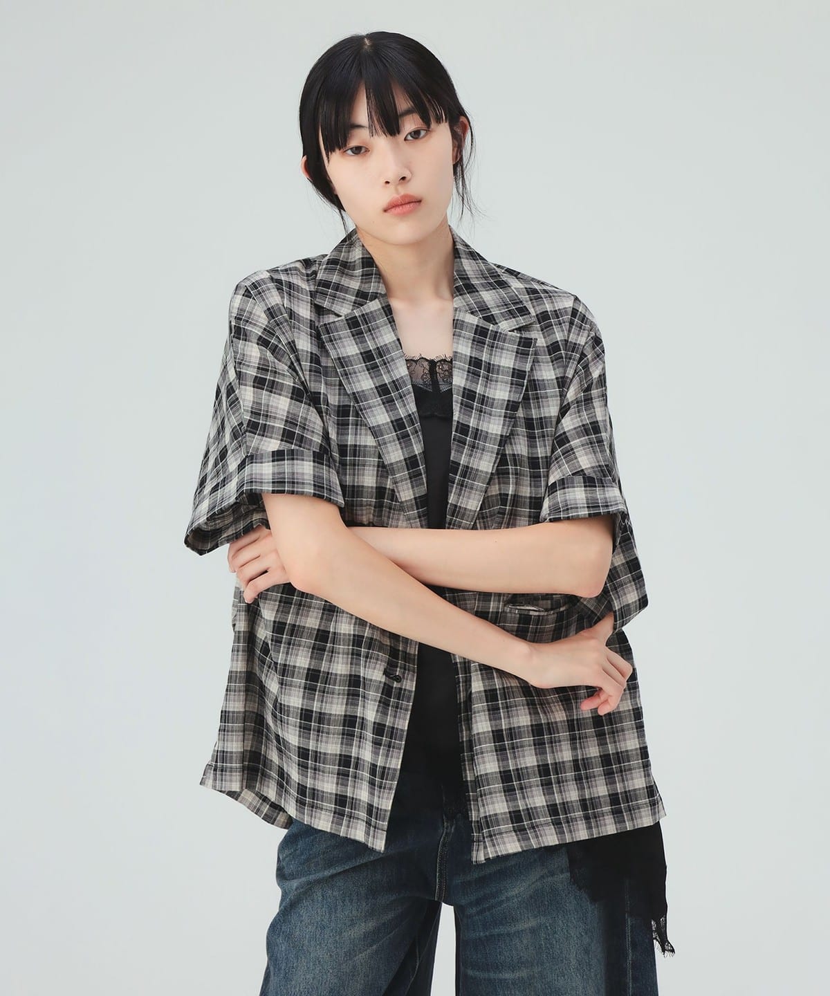 BEAMS HEART（ビームス ハート）フレンチ 半袖 チェック ジャケット