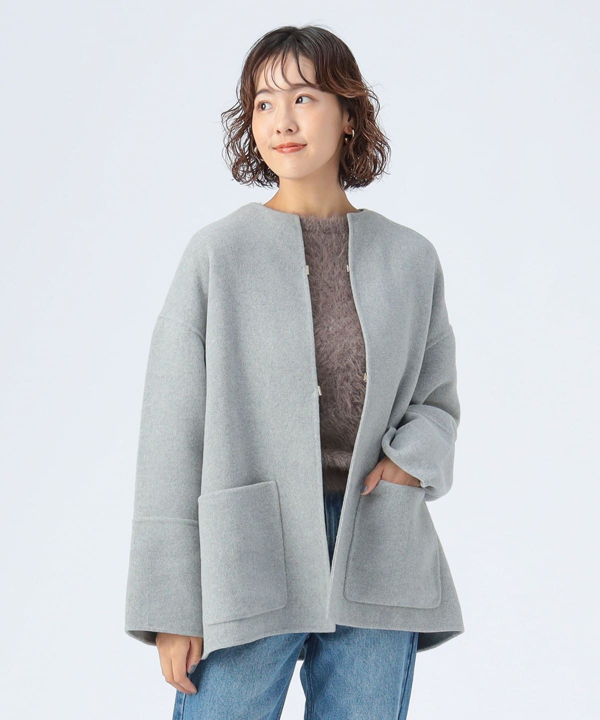 リバー ノーカラー ハーフ ジャケット ジャケット WOMEN GREY ONE SIZE リバー ノーカラー ハーフ ジャケット ジャケット WOMEN GREY ONE SIZE