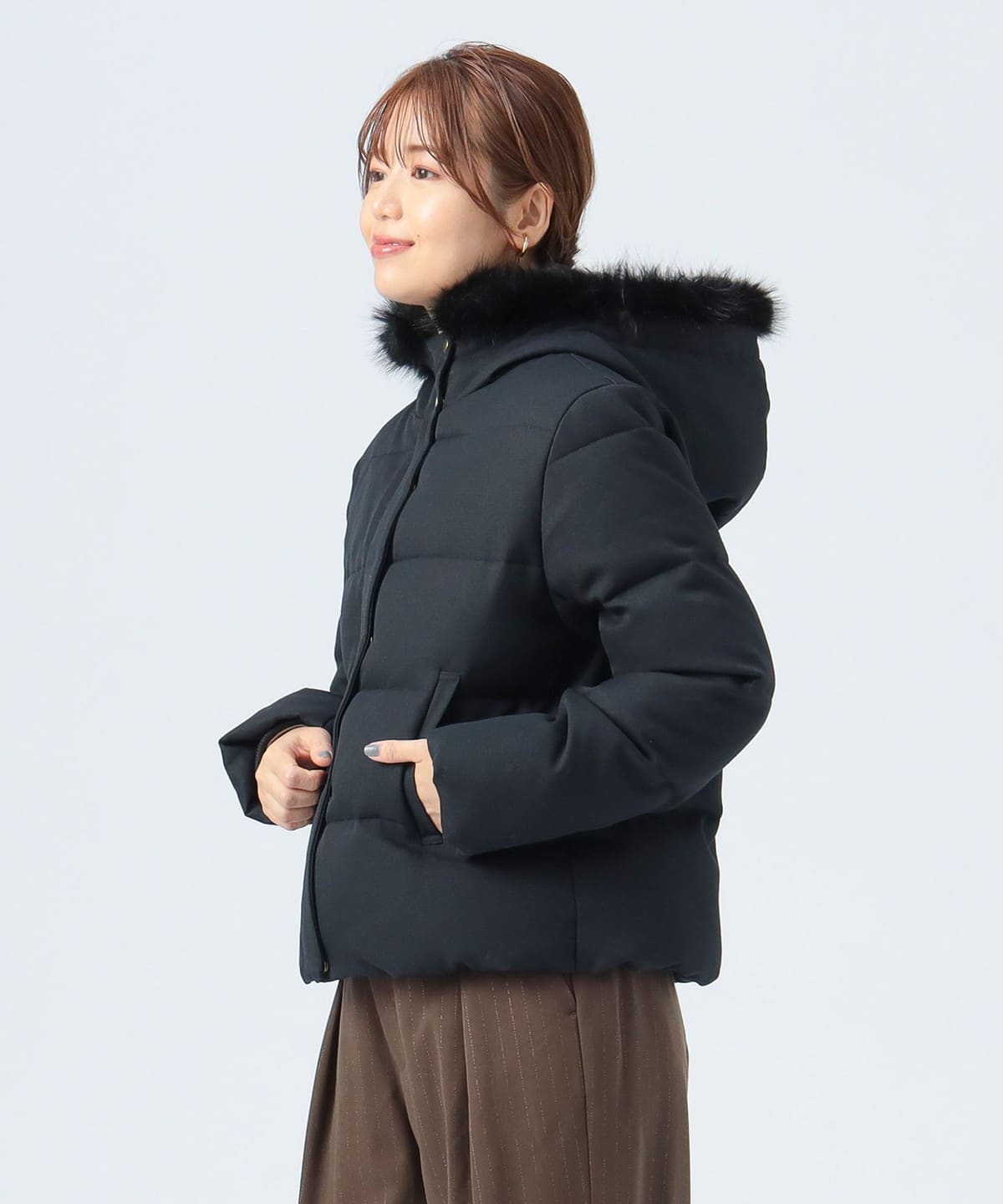 BEAMS ネイビーショートダウン BEAMS HEART（ビームス ハート）撥水 フェイクファー付き