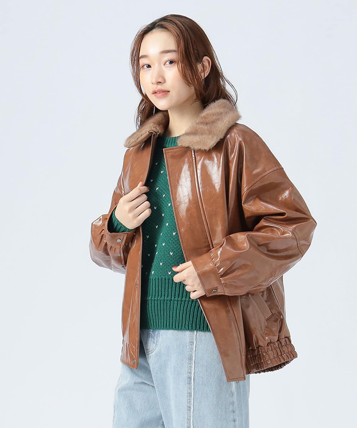 フェイクファー衿付き パテント ブルゾン ブルゾン WOMEN BROWN ONE SIZE