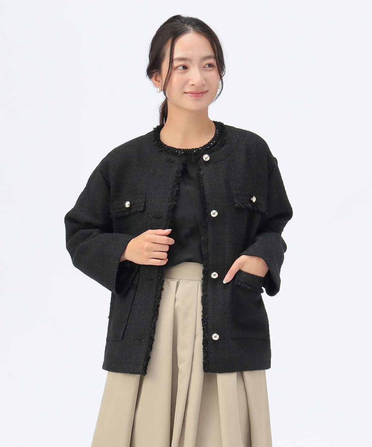 フリンジ ツイード ジャケット ジャケット WOMEN BLACK ONE SIZE フリンジ ツイード ジャケット ジャケット WOMEN BLACK ONE SIZE