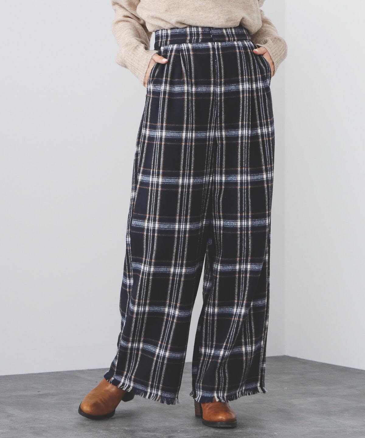 [Outlet] BEAMS HEART / Plaid 2-tuck wide pants