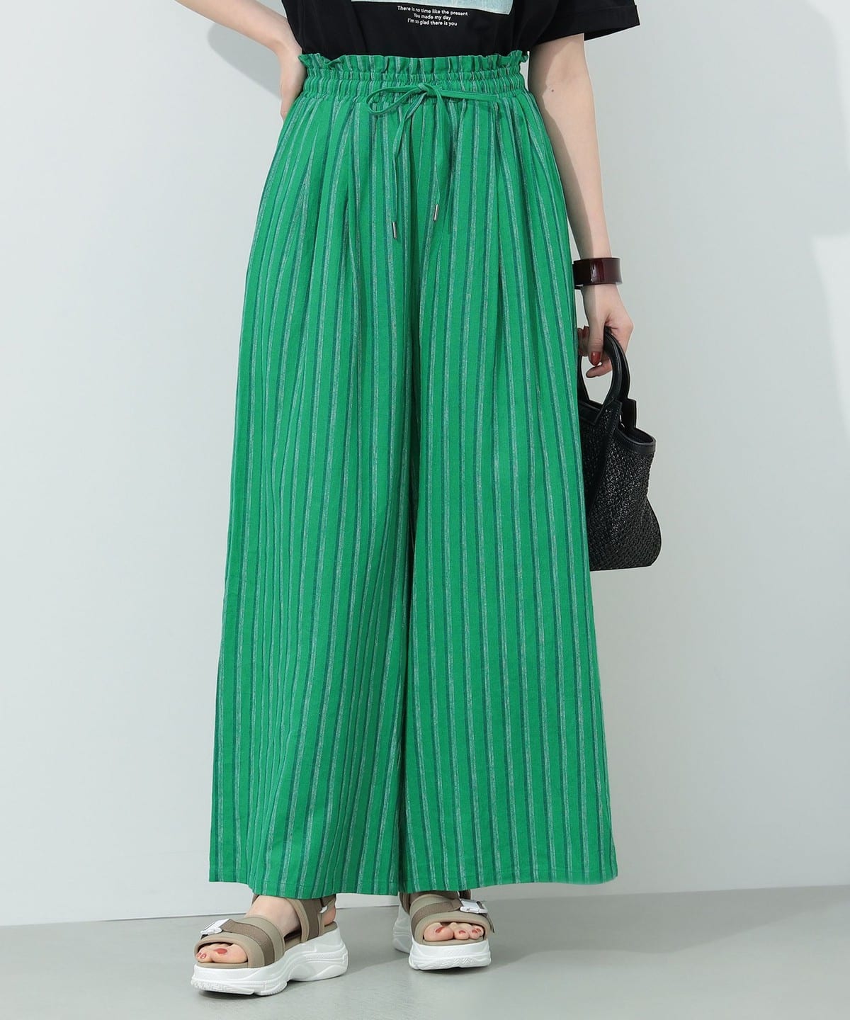 リネン混 ボリュームイージー パンツ(S M) パンツ WOMEN GREEN STRIPE S リネン混 ボリュームイージー パンツ(S M) パンツ WOMEN GREEN STRIPE S