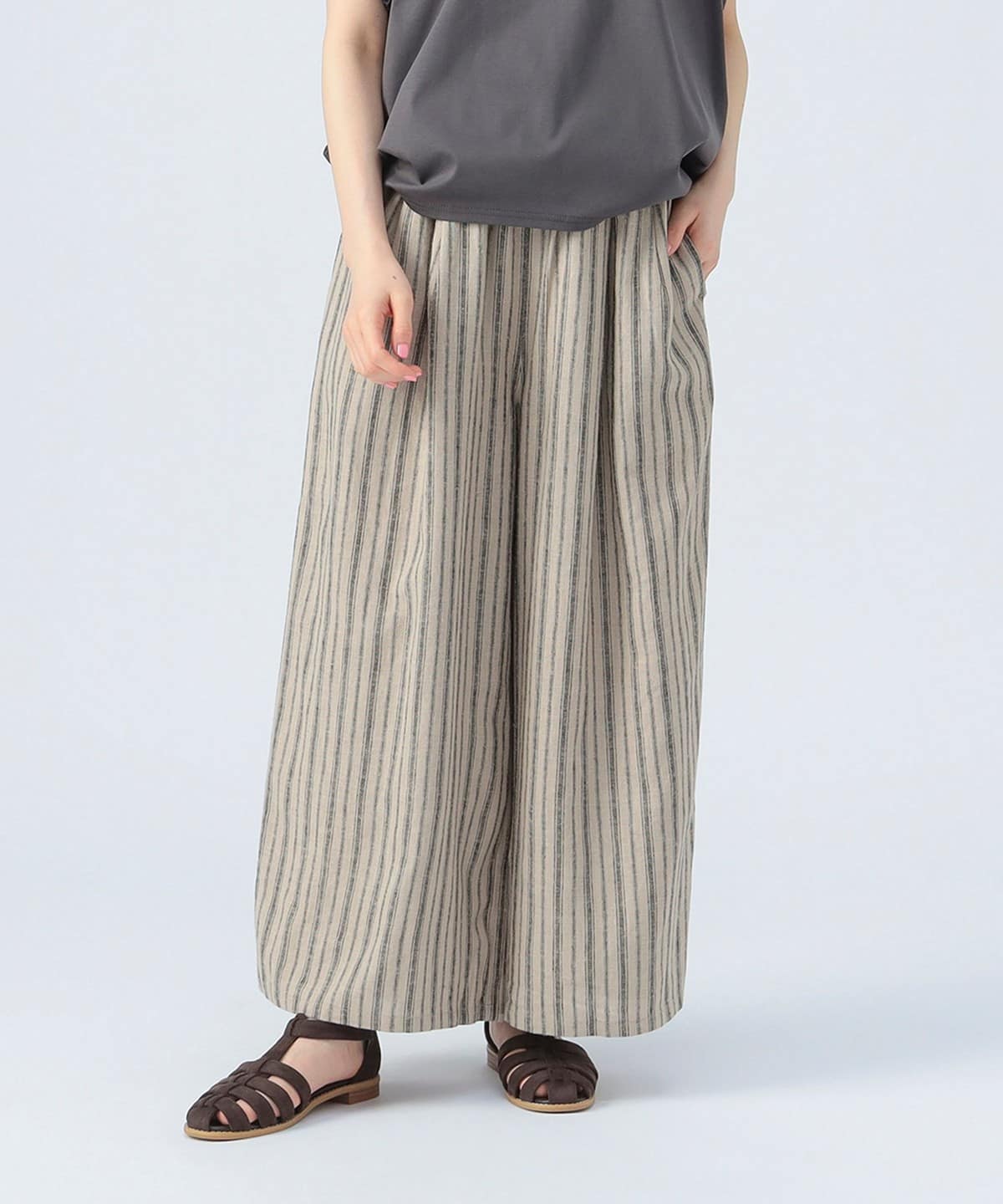 麻混 イージー ワイドパンツ パンツ WOMEN BEIGE STRIPE ONE SIZE 麻混 イージー ワイドパンツ パンツ WOMEN BEIGE STRIPE ONE SIZE