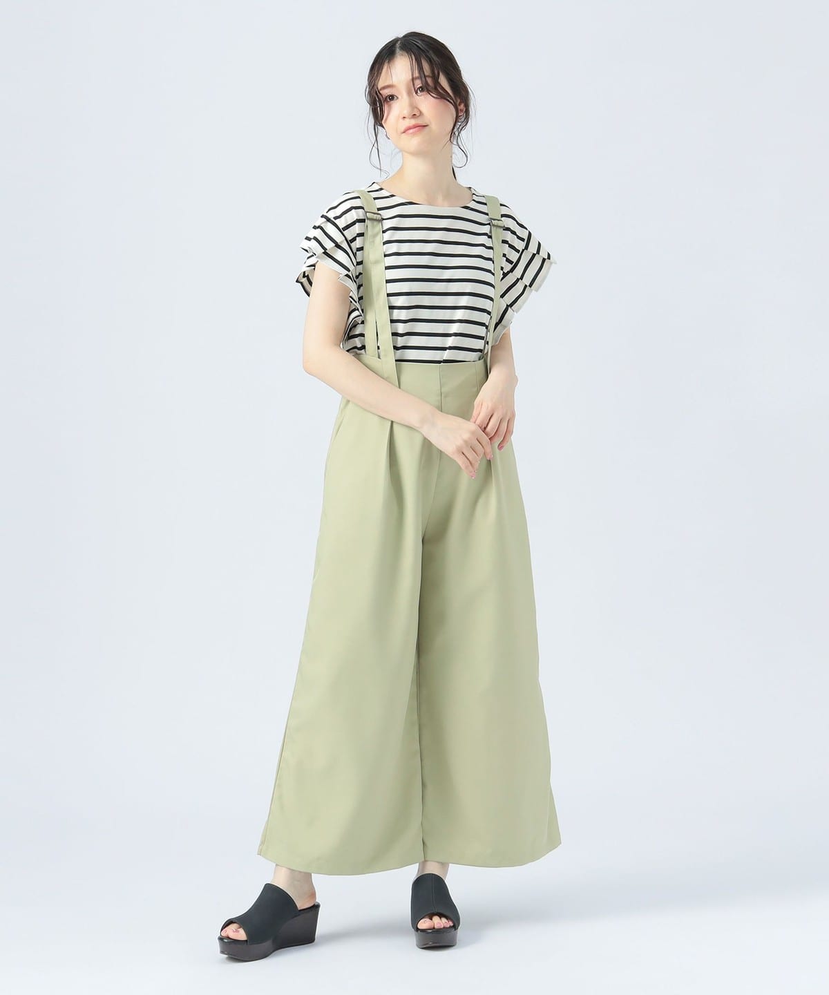 サス付き ワイド ラインパンツ パンツ WOMEN LIGHT GREEN M サス付き ワイド ラインパンツ パンツ WOMEN LIGHT GREEN M