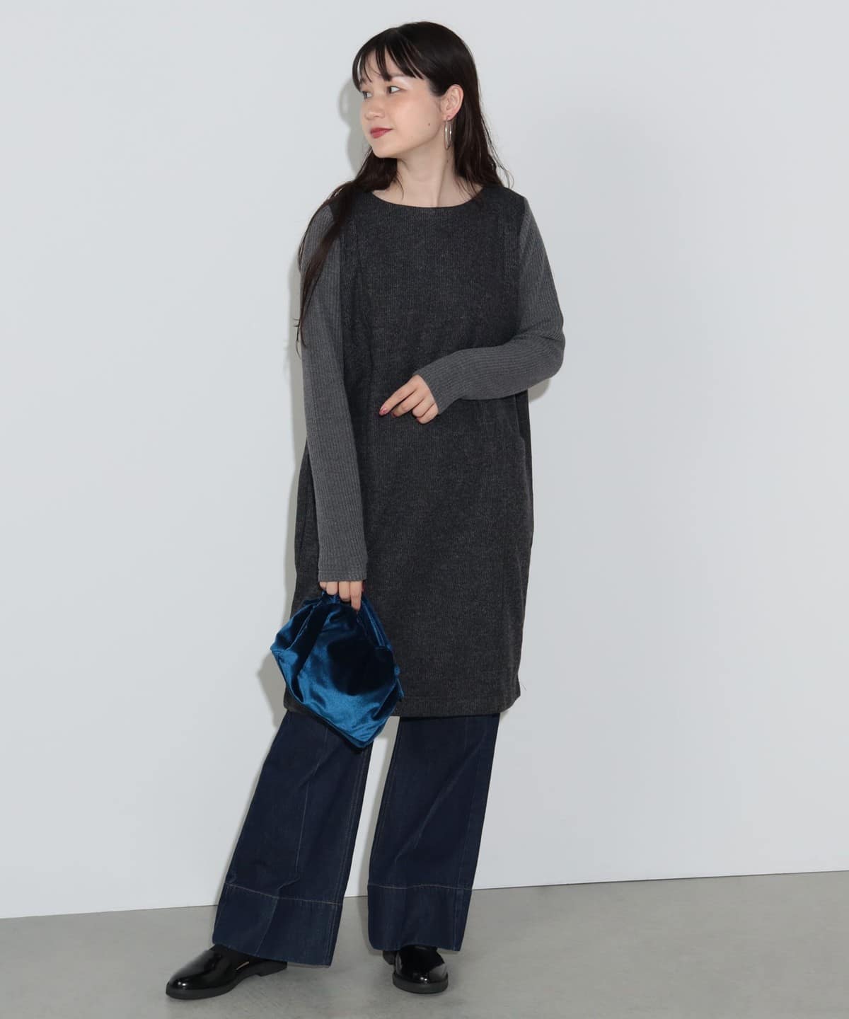 異素材コンビ ニットワンピース(洗濯機可能) ワンピース WOMEN CHARCOAL② ONE SIZE 異素材コンビ ニットワンピース(洗濯機可能) ワンピース WOMEN CHARCOAL② ONE SIZE