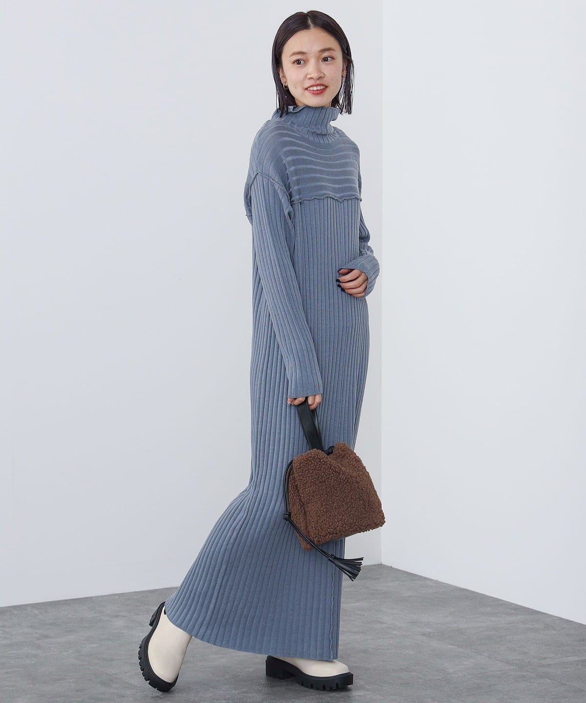 切替 ワイドリブ ワンピース ワンピース WOMEN GREYISH BLUE ONE SIZE 切替 ワイドリブ ワンピース ワンピース WOMEN GREYISH BLUE ONE SIZE