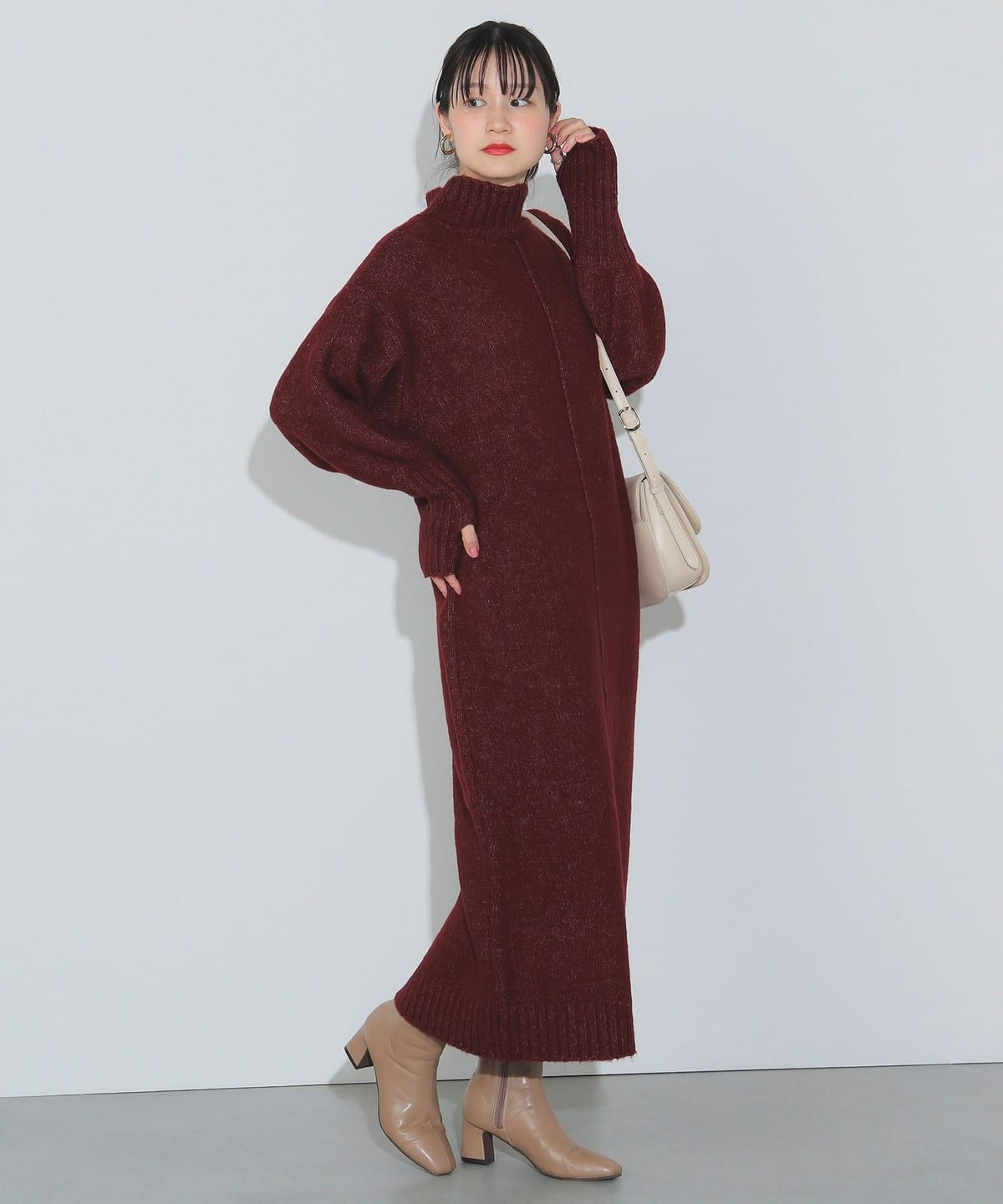 フィンガーホール ハイネック ニットワンピース(手洗い可能) ワンピース WOMEN BURGUNDY ONE SIZE フィンガーホール ハイネック ニットワンピース(手洗い可能) ワンピース WOMEN BURGUNDY ONE SIZE