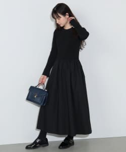 リブニットコンビ ウエストギャザーワンピース（手洗い可能）