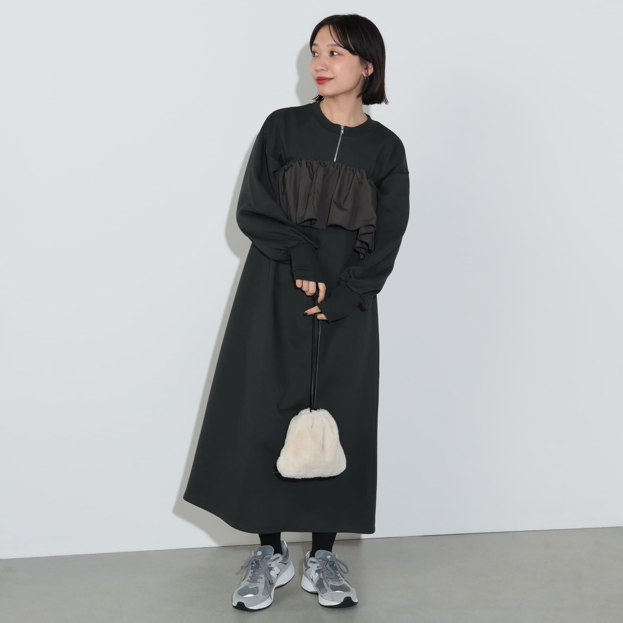 フリル付き スウェット ワンピース ワンピース WOMEN CHARCOAL ONE SIZE フリル付き スウェット ワンピース ワンピース WOMEN CHARCOAL ONE SIZE