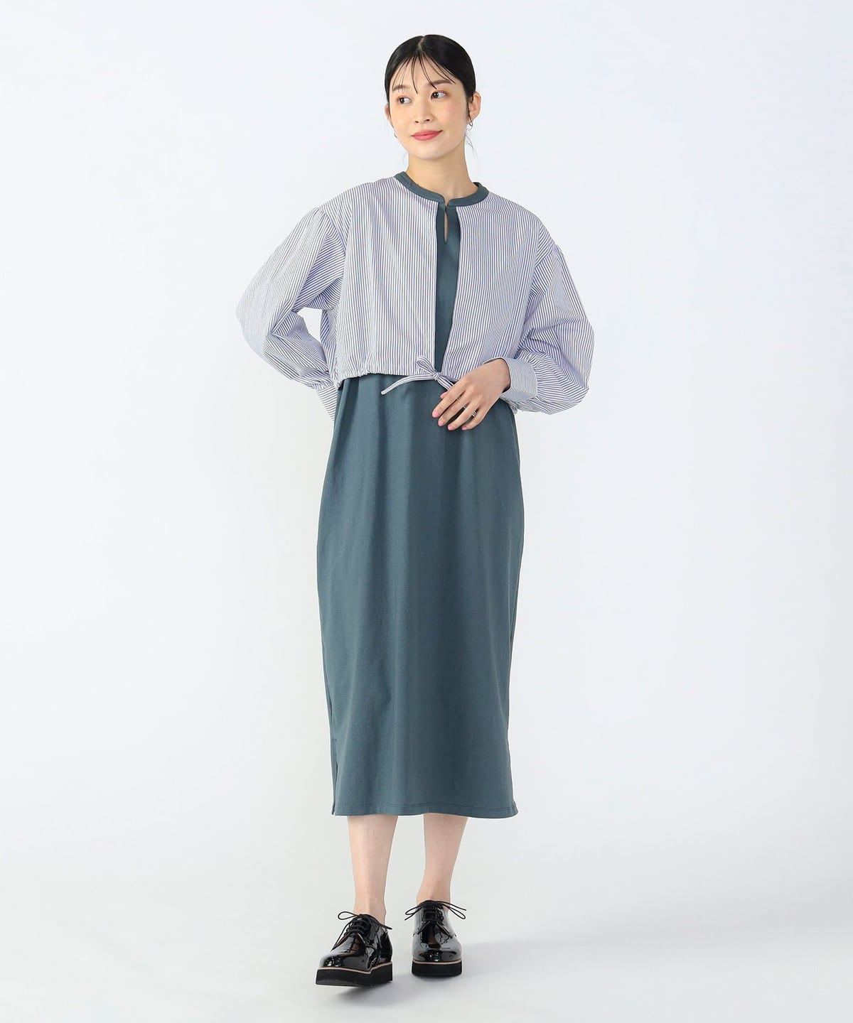 ストライプシャツ レイヤード ワンピース ワンピース WOMEN GREEN×GREY ST ONE SIZE ストライプシャツ レイヤード ワンピース ワンピース WOMEN GREEN×GREY ST ONE SIZE
