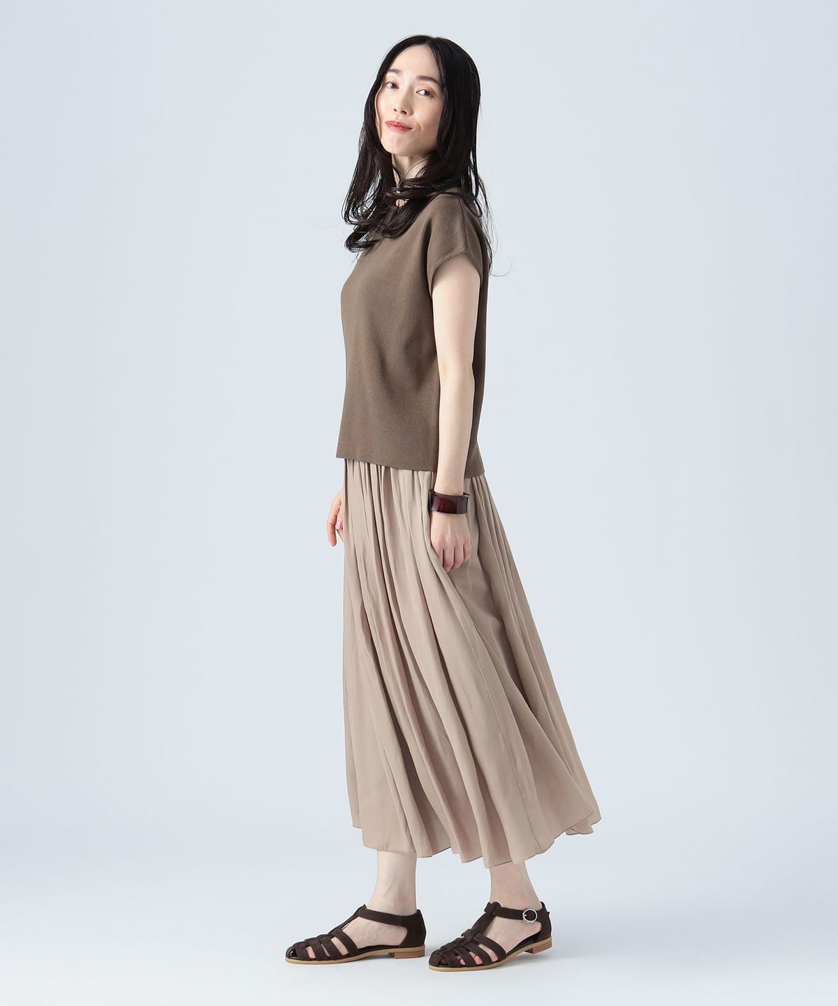 フレンチスリーブ ギャザースカート セット(セットアイテム) ワンピース WOMEN BROWN×BEIGE ONE SIZE フレンチスリーブ ギャザースカート セット(セットアイテム) ワンピース WOMEN BROWN×BEIGE ONE SIZE