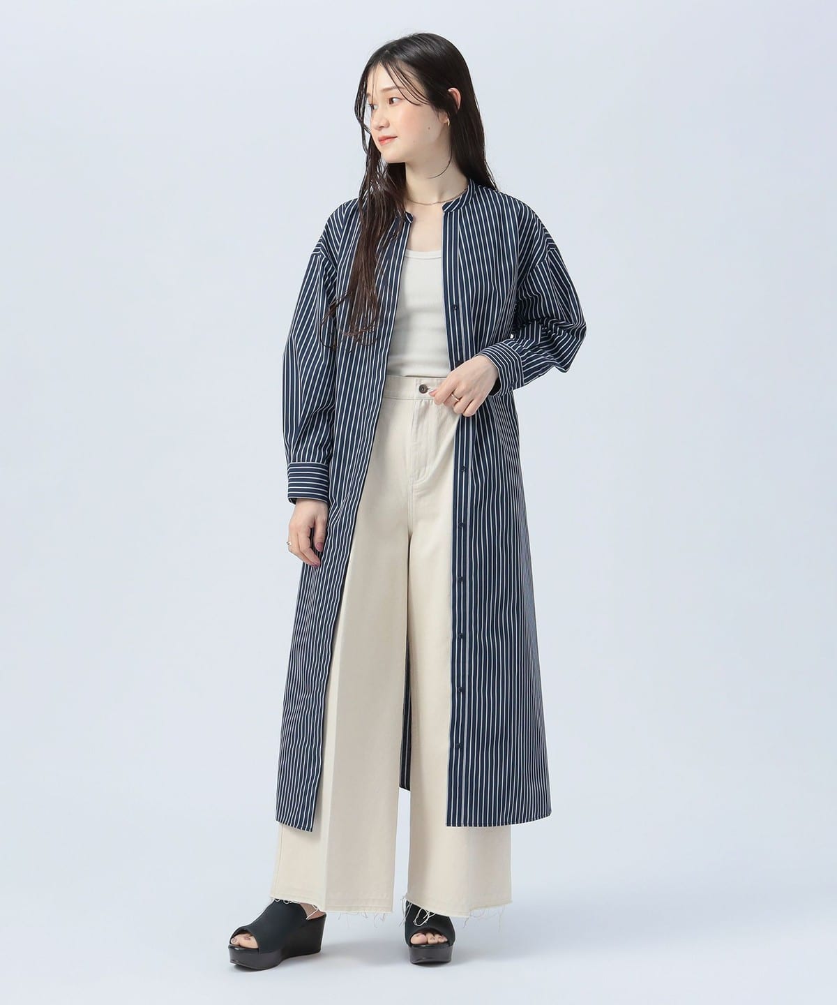 ベルト付き スキッパー ストライプ シャツワンピース ワンピース WOMEN NAVY ONE SIZE