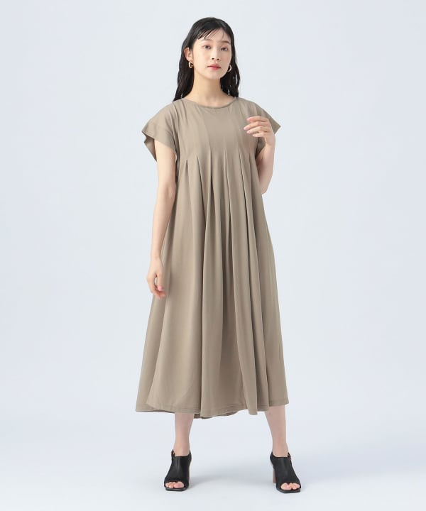 デミルクスビームス　ノースリーブワンピース　綿　ベージュサイドタック　フレア Demi-Luxe BEAMS（デミルクス ビームス）【別注】SLOANE