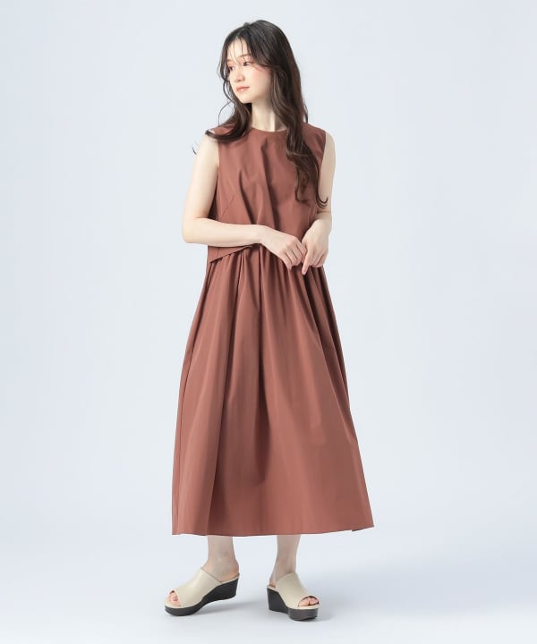 【極美品】レイビームス　メッシュネックレイヤードフリル　ギャザー切替ワンピース Ray BEAMS（レイ ビームス）カット ドビー キーネック