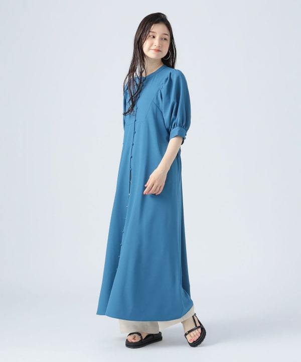 新品タグ付き　リネンライクギャザー切替ワンピース LARUTA｜[Web限定]【接触冷感】ギャザー切替zip付きワンピース